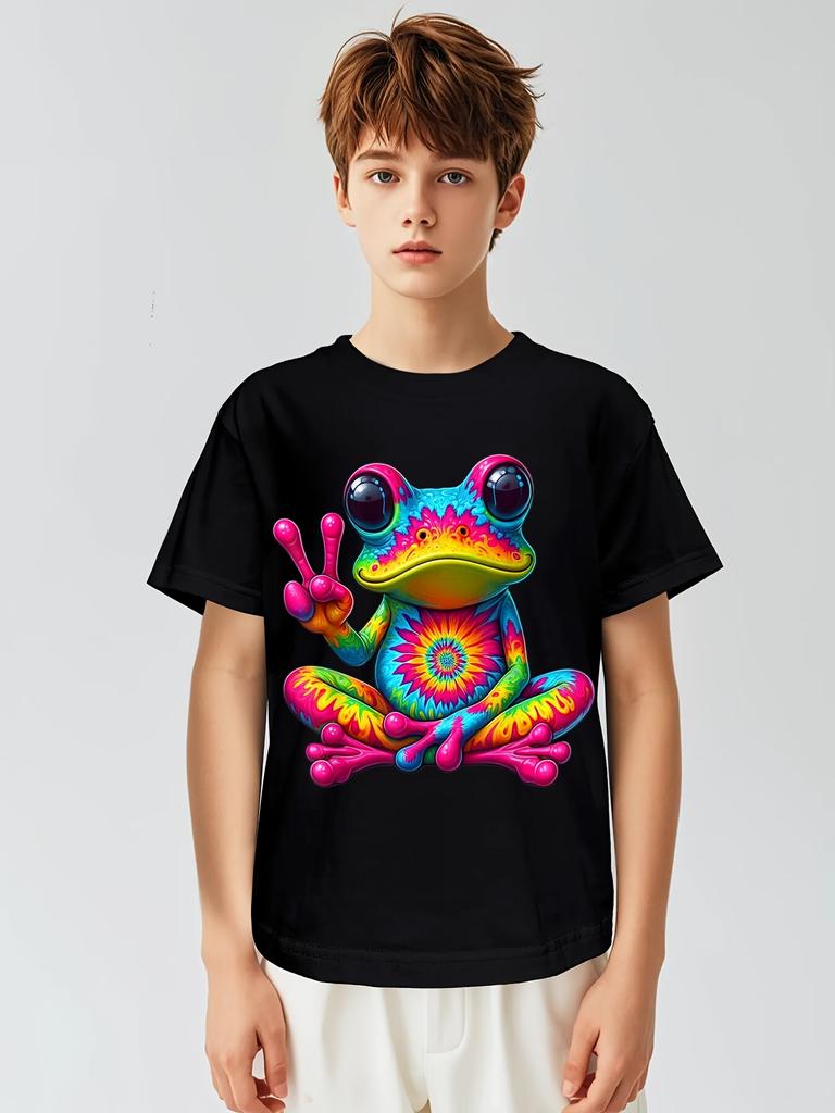 Children Crew Neck Short Sleeve T-Shirt with Colorful Frog Gesturing Yeah Print