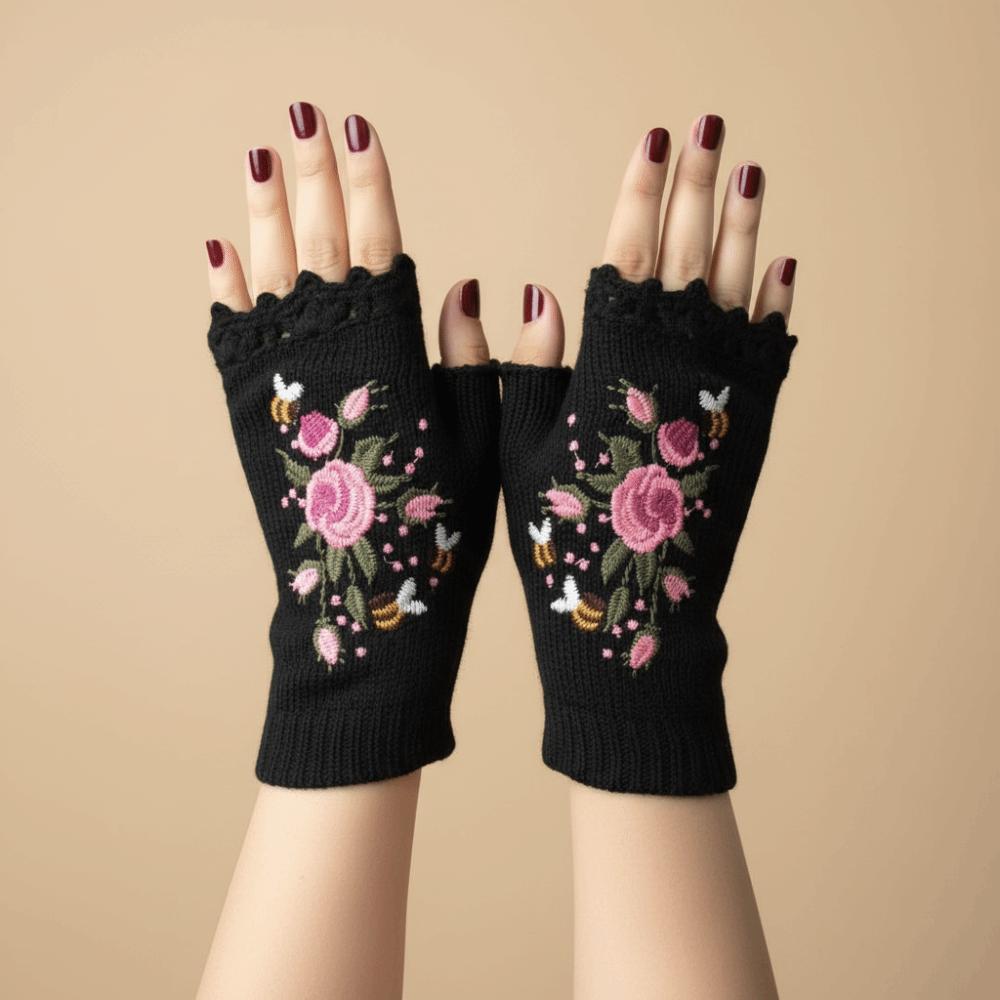Vintage Embroidery Knitted Gloves Floral Fingerless Gloves All-Match Winter Wool Gloves  Outdoor
