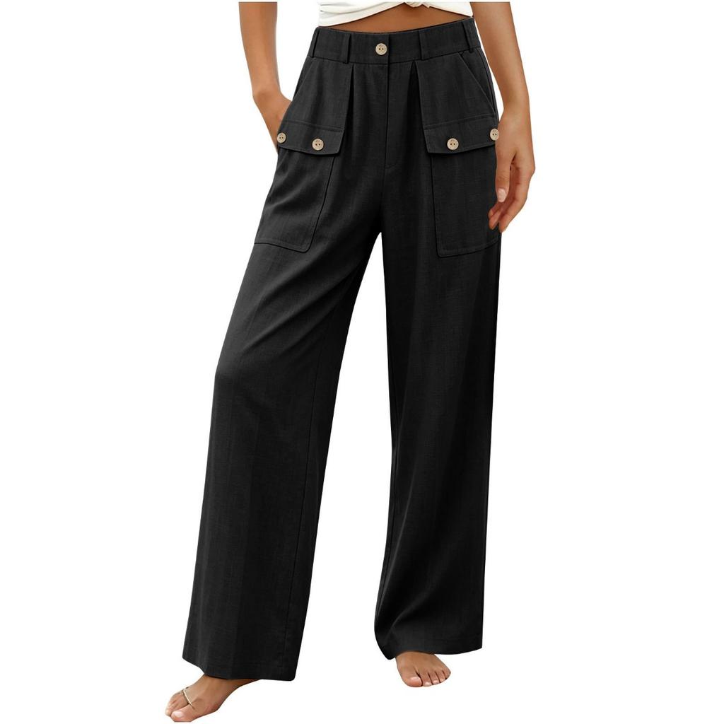 New Women's Casual Summer Cotton Linen Trousers Solid Color Button High Waist Straight Wide Leg Pants