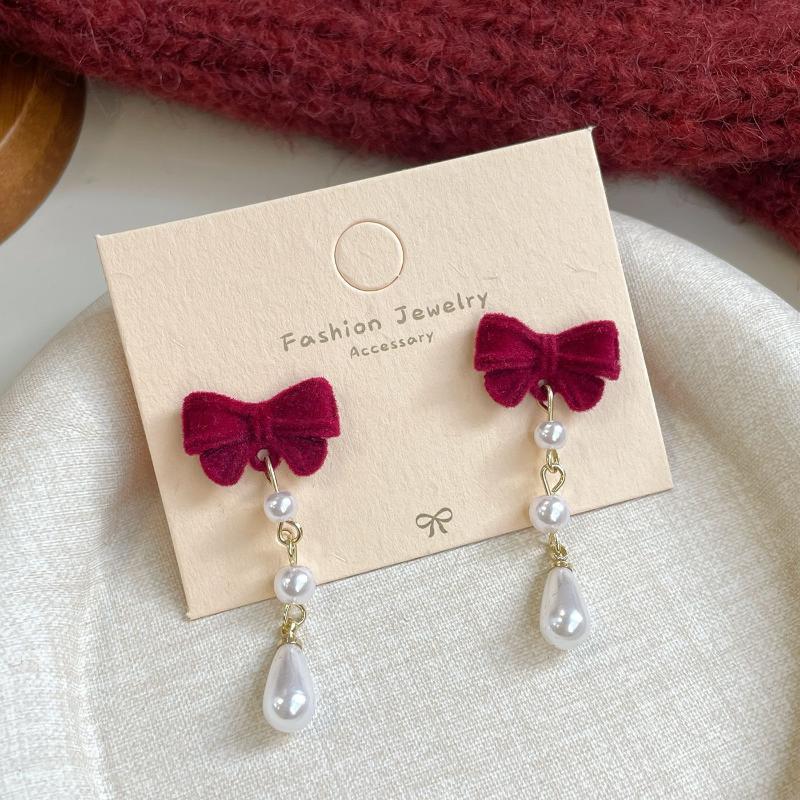 Cute Red Bow Flocking Earrings Simple Elegant Exquisite Sweet Festive Earrings Ear Studs Jewelry Accessories New Year Gifts