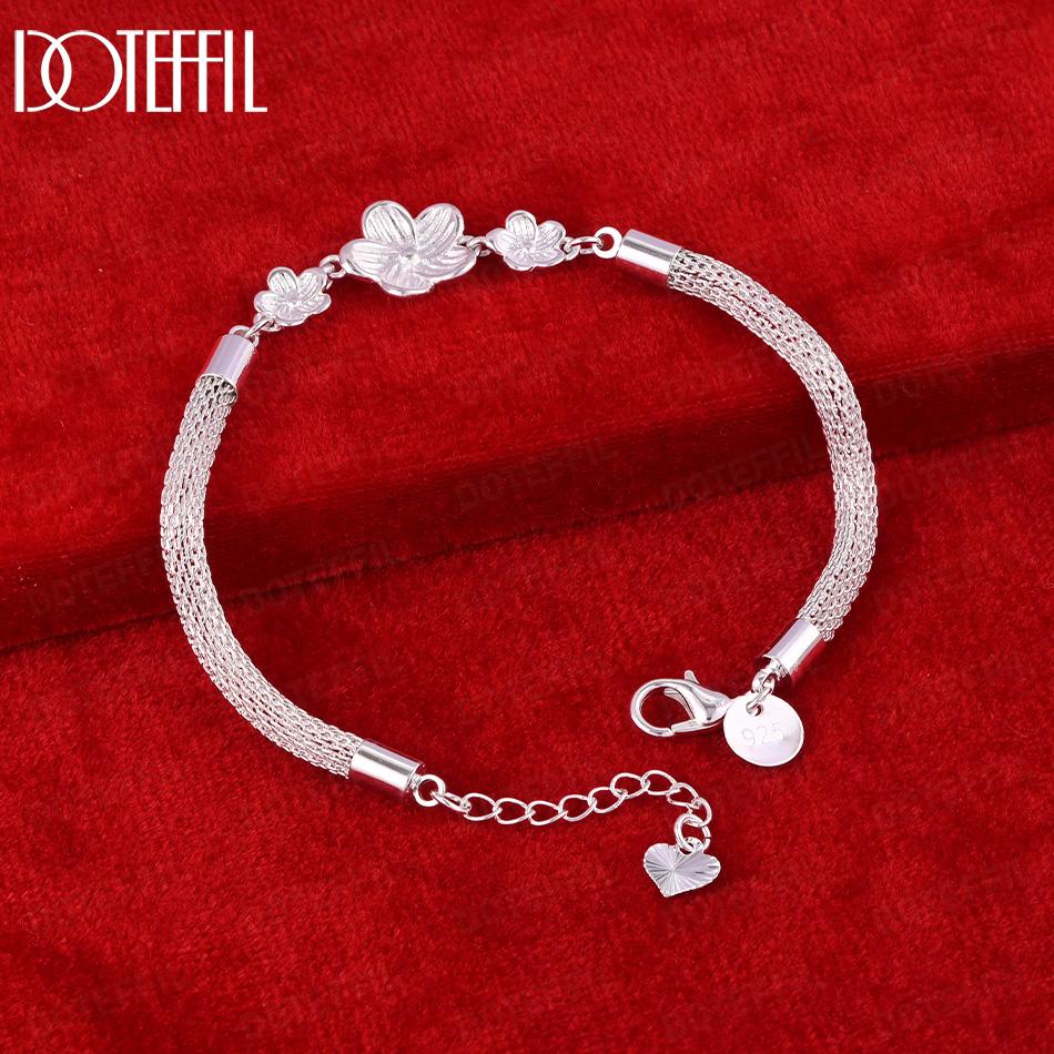925 Sterling Silver Snake Chain Flower Bracelet Wedding Jewelry