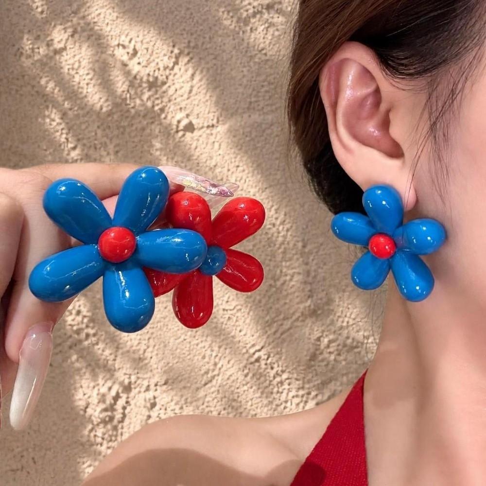 Oversized Resin Flower Earrings Glossy Asymmetry Earrings Trendy Flower Stud Earrings  Women Girls