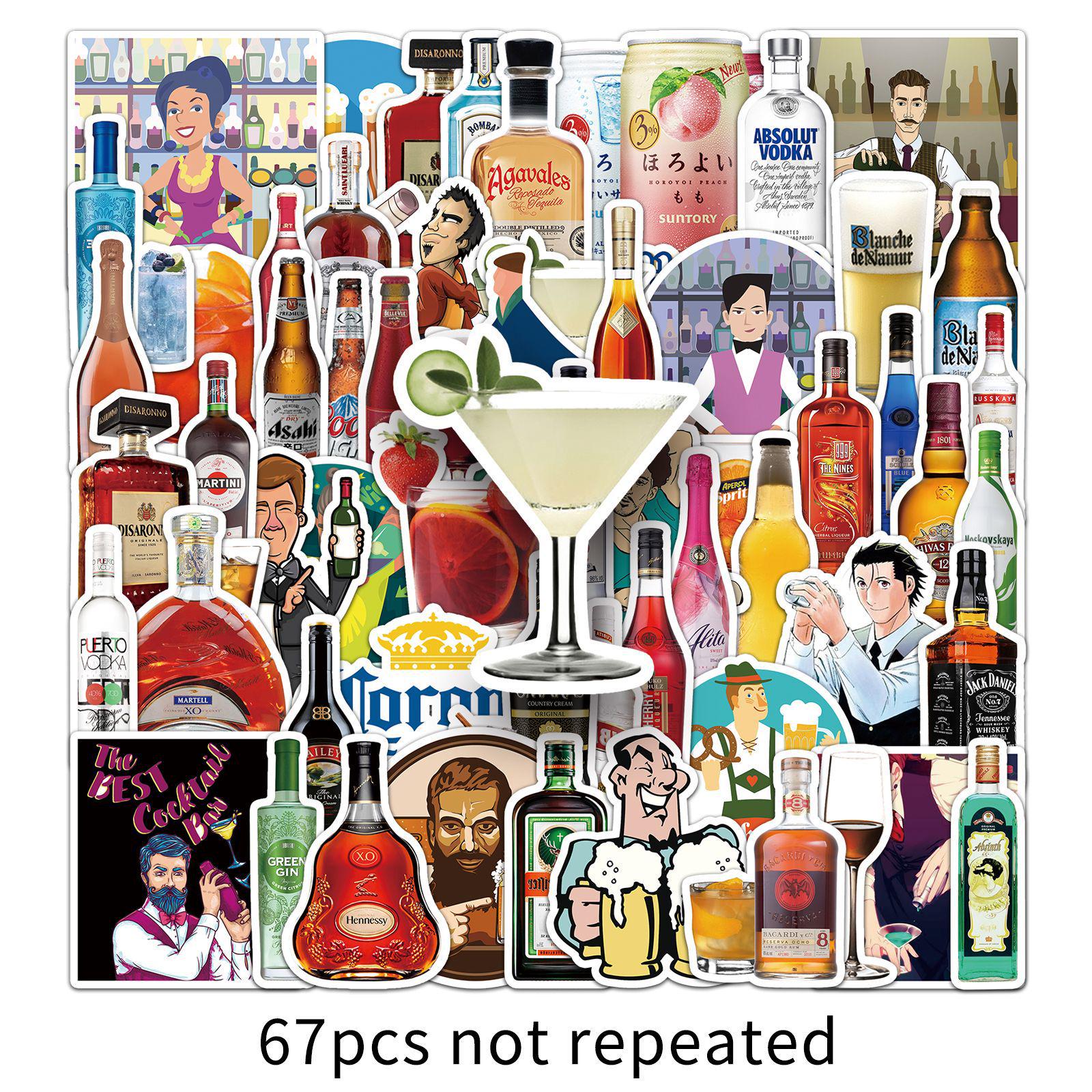 67-Piece Waterproof Alcohol-Themed Stickers for Scooters & Suitcases