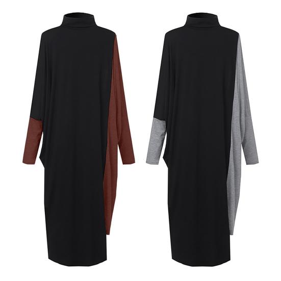 Turtleneck Batwing Long Sleeve Loose Fit Draped Women Dress Autumn Winter Contrast