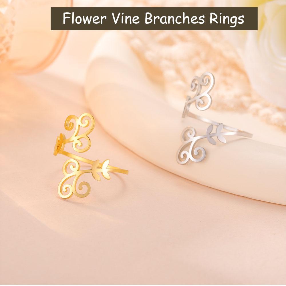 Cazador Aesthetic Adjustable Flower Vine Branches Rings for Women Stainless Steel Finger Rings Jewelry Wedding Valentine Gifts