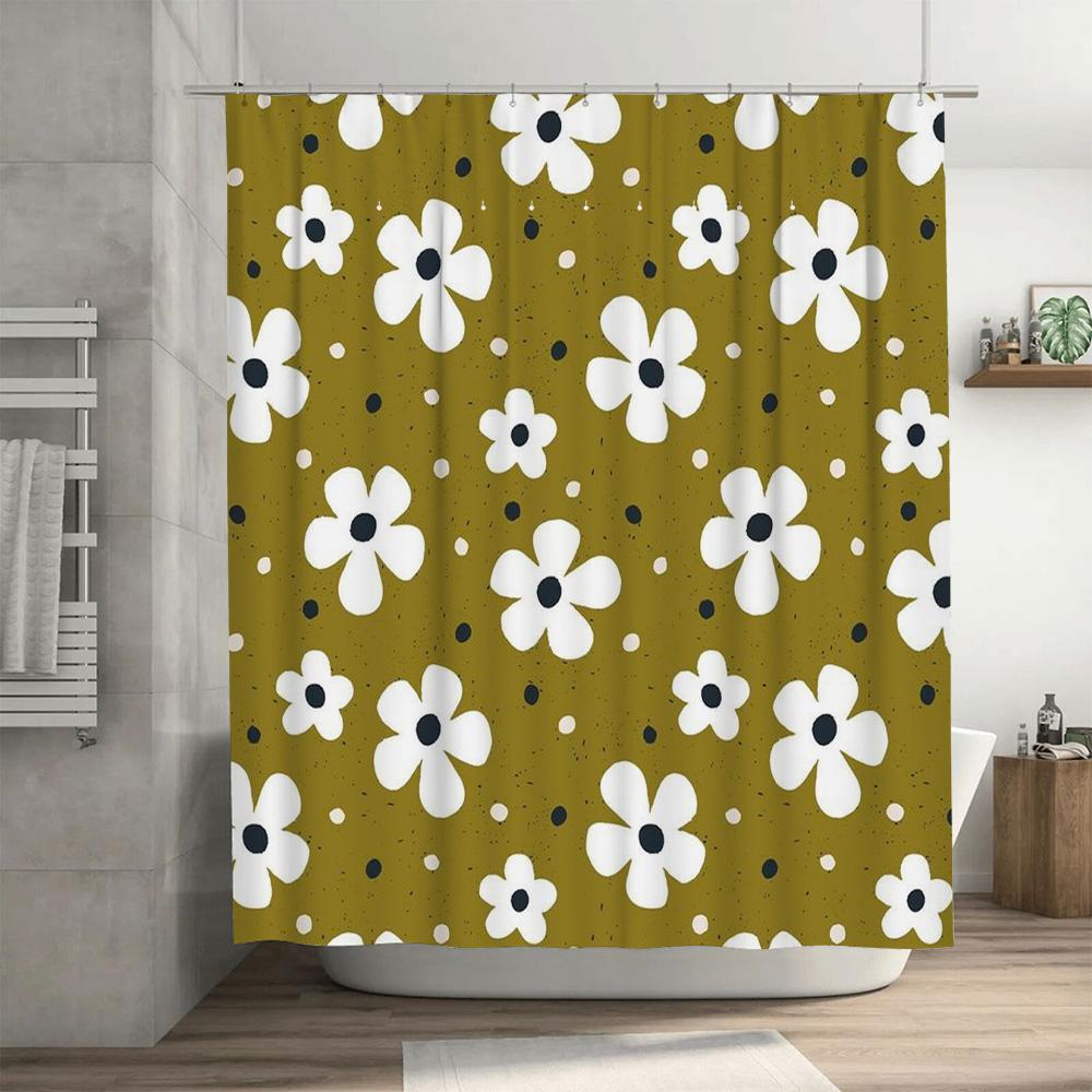 Vintage Floral Shower Curtain White Black Bloom Print Green Bath Rug Decoration Waterproof Fabric Bathroom Decor for Home Modern