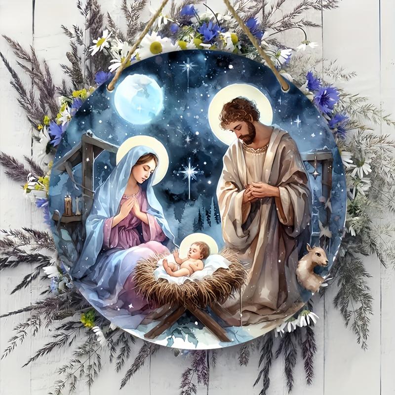 5 buc. semn rustic din lemn cu scenă a Nașterii Domnului, 20x20 cm, coroană - Sfânta Familie în iesle, perfect pentru decorațiuni de Crăciun, agățat pe ușă și perete, ideal pentru casă, cafenea