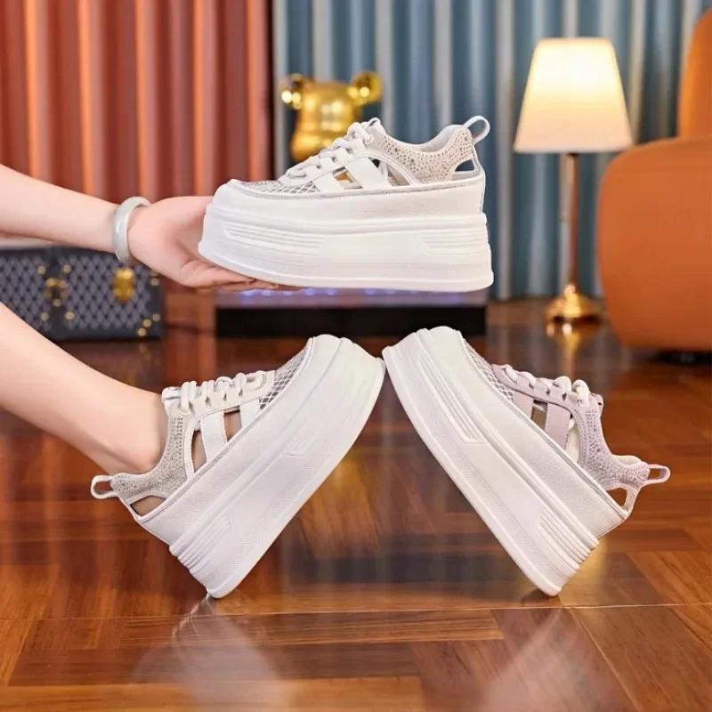 Fashion 8cm New Air Mesh Synthetic Leather Chunky Sneaker Breathable Hollow Platform Wedge Women Flats Shoes Sandals Summer Ethnic