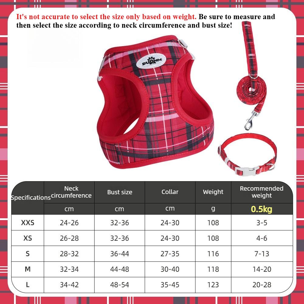 

Pet Chest Back Set Adjustable Plaid Pattern Dog Leash Set for Small Dog Puppy Cat Harness Outdoor Pet Walking Supply Red XXS червоний