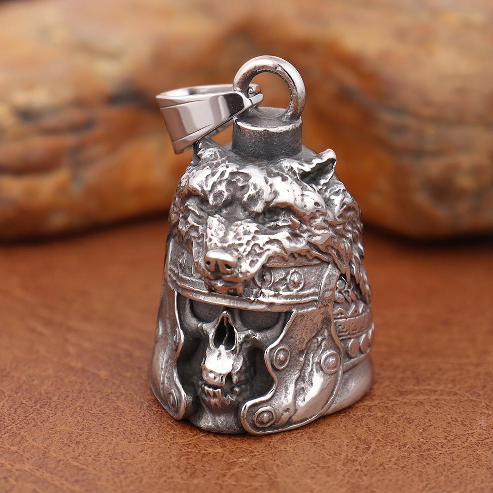 Vintage Gladiator Wolf Skull Guardian Bell Pendant Charm Stainless Steel Necklaces Punk Hip Hop Men Women Jewelry Halloween Gift