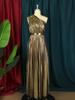 Luxuriöses Elegantes Langes Maxi Partykleid Damen Ein Schulter Ärmellos Glänzend Metallic Plissiert Glitzernde Abendkleider Schimmernde Outfits