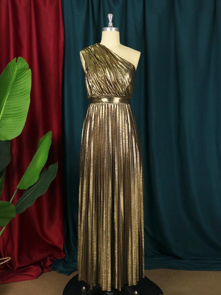 Luxuriöses Elegantes Langes Maxi Partykleid Damen Ein Schulter Ärmellos Glänzend Metallic Plissiert Glitzernde Abendkleider Schimmernde Outfits
