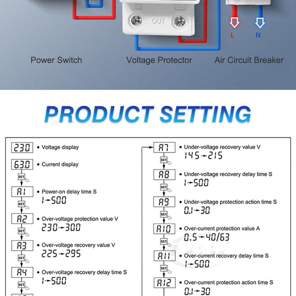 Dual Display 40A 63A 80A 230V Din Rail Adjustable Digital Over Under Voltage Relay Surge Protector Limit Over Current Protection