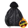 Men's European and American hooded PU leather jacket, locomotive hooded men's youth leather jacket with cotton thickened jacket