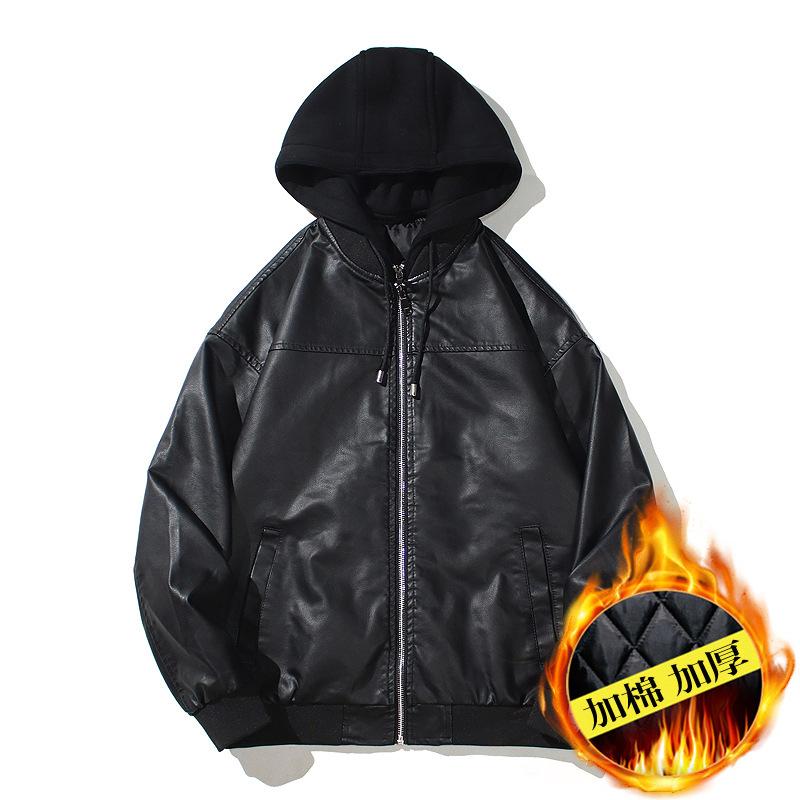 Men's European and American hooded PU leather jacket, locomotive hooded men's youth leather jacket with cotton thickened jacket