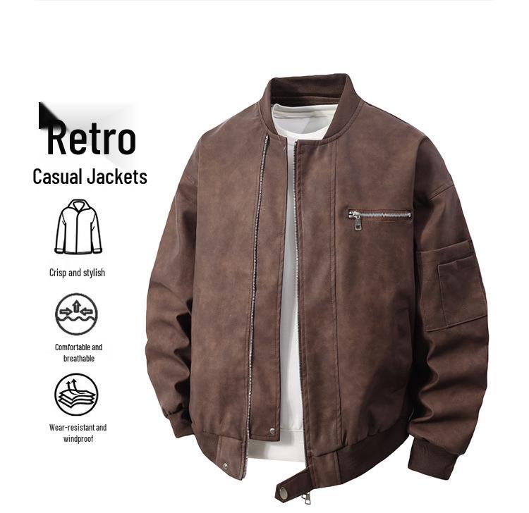 Men's American Retro Motorcycle PU Leather Jacket - Autumn/Winter Trendy, Handsome, Loose Casual Flight Style