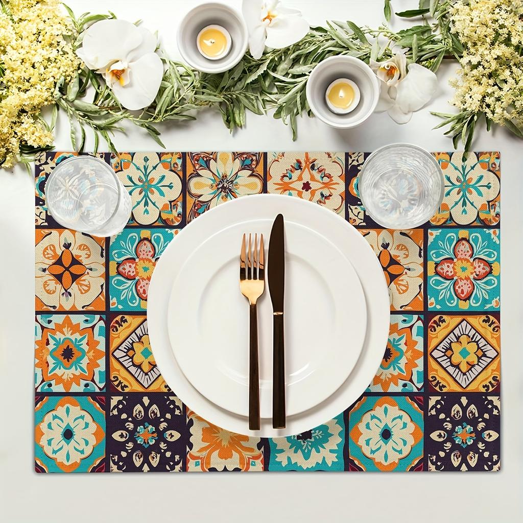 Boho Floral Placemats Set of 4, Retro Flower Geometric Place Mat Bohemian Floral Cloth Tablemats Non-Slip Washable Tabletop Mat 12x18 Inch for Indoor