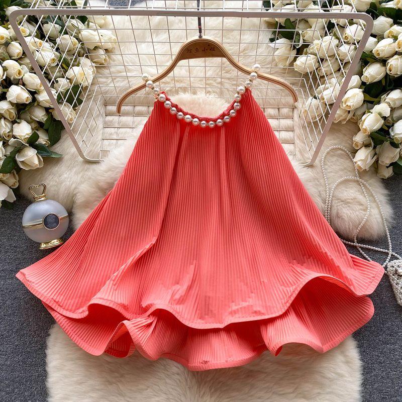 

Socialite Sleeveless Ruched Pearl Chain Tops Camisole Orange One size