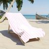 Stylish pink and white striped beach towel, made of polyester, machine washable, suitable for travel, pool, and beach decoration