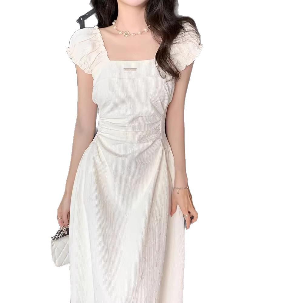 New Small French Square Neck White Dress Summer Women's Clothing Gentle Style Temperament Waist Dress