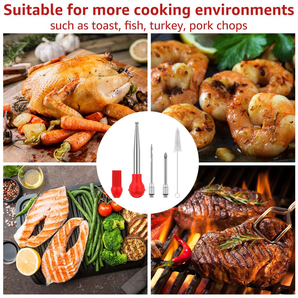 Turkey Baster Stainless Steel Turkey Baster Syringe with Cleaning Brush Meat Marinade Injector with 2 Needles and Detachable