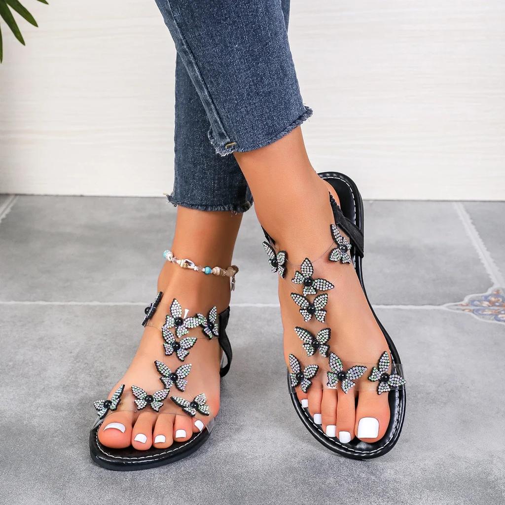 Fashion Women's Shoes 2024 New Elastic Band Women's Sandals Summer Dress Sandals Women Crystal Butterfly Open Toe Plus Size Shoes Women