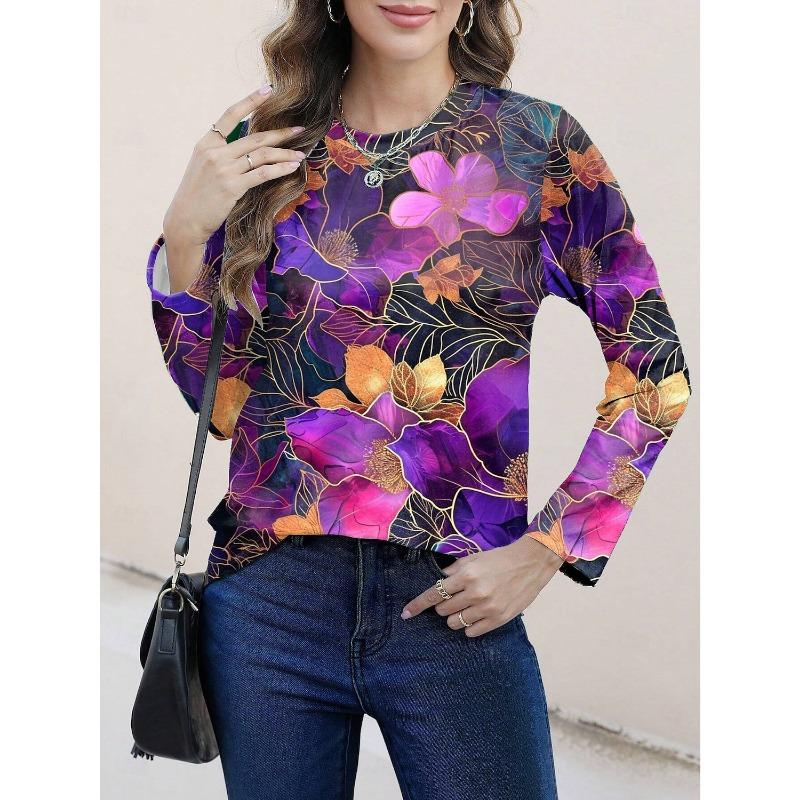 Damen Swearshirt 3D-Druck Ethnisch Blumen Grafik Alltag Mode Lässig Langarm T-Shirts Rundhals Schwarz Frühling Herbst Tops