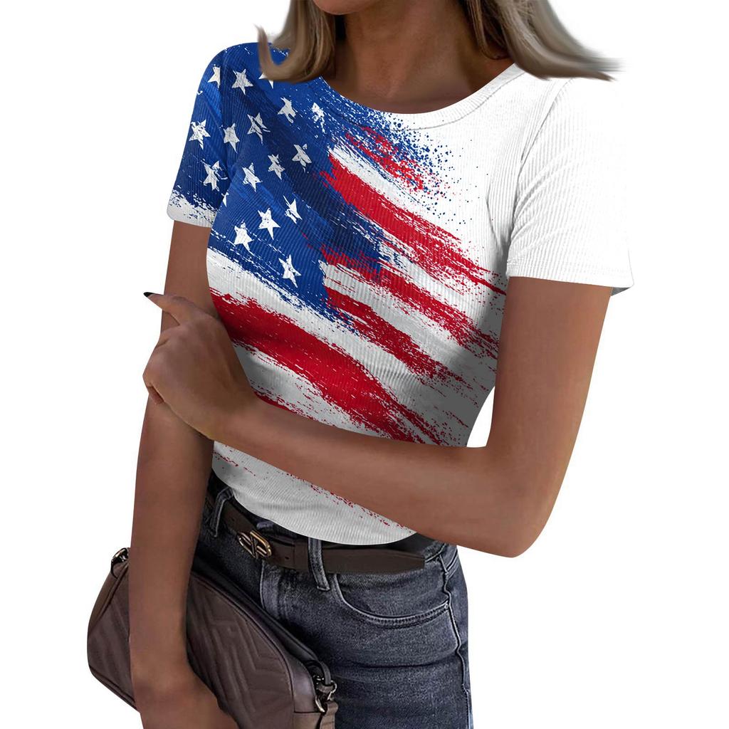 Women's Casual Fashion Round Neck Independence Day Print Short-Sleeve Ribbed Top