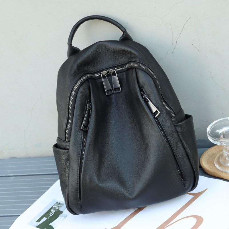 

Women s Bag Genuine Leather Backpack Large Capacity Mommy Student Book Soft Fashionable Wide Shoulder Strap Travel Solid Color 23x9x12cm чорний
