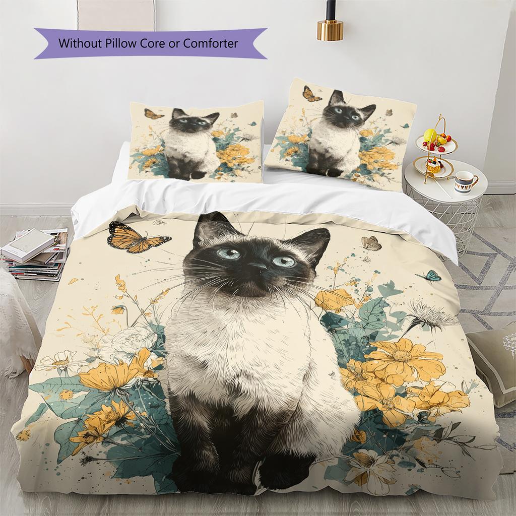 Siamese Cat and Plants Pattern Bedding Home Decoration Birthday Gift (1 * Duvet Cover + 2 * Pillowcase, Without Core)