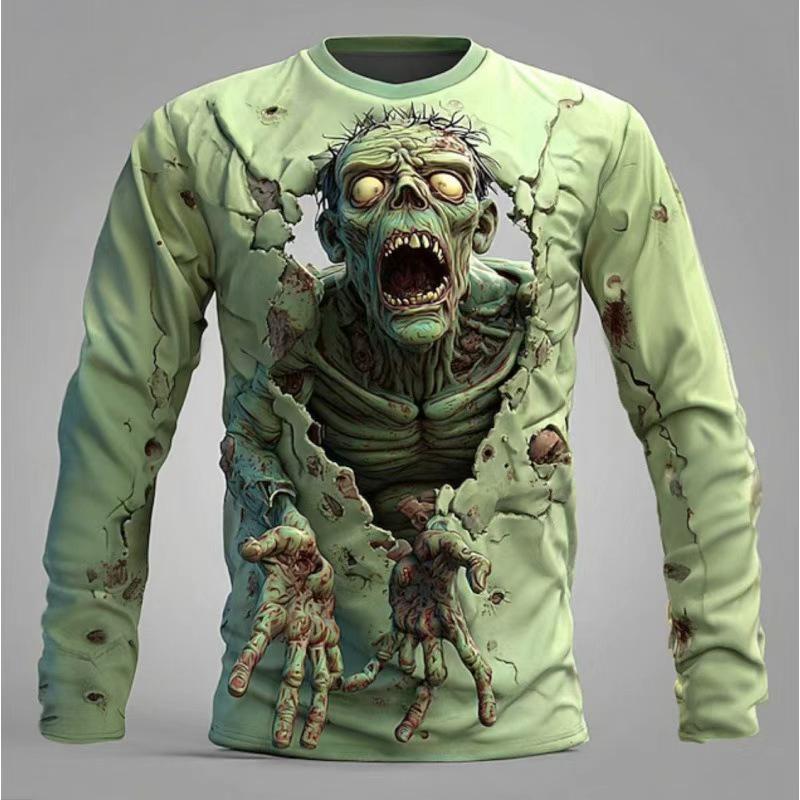 

European and American Crew Neck Men s 3D Print Halloween Long Sleeve Casual Top Medium