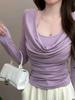 Korea Chic Riemen Plissiert Slim Tops Damen 2024 Sexy U-Boot-Ausschnitt Causal Uni Pullover Elegant Party Blusen Herbst Winter Neu