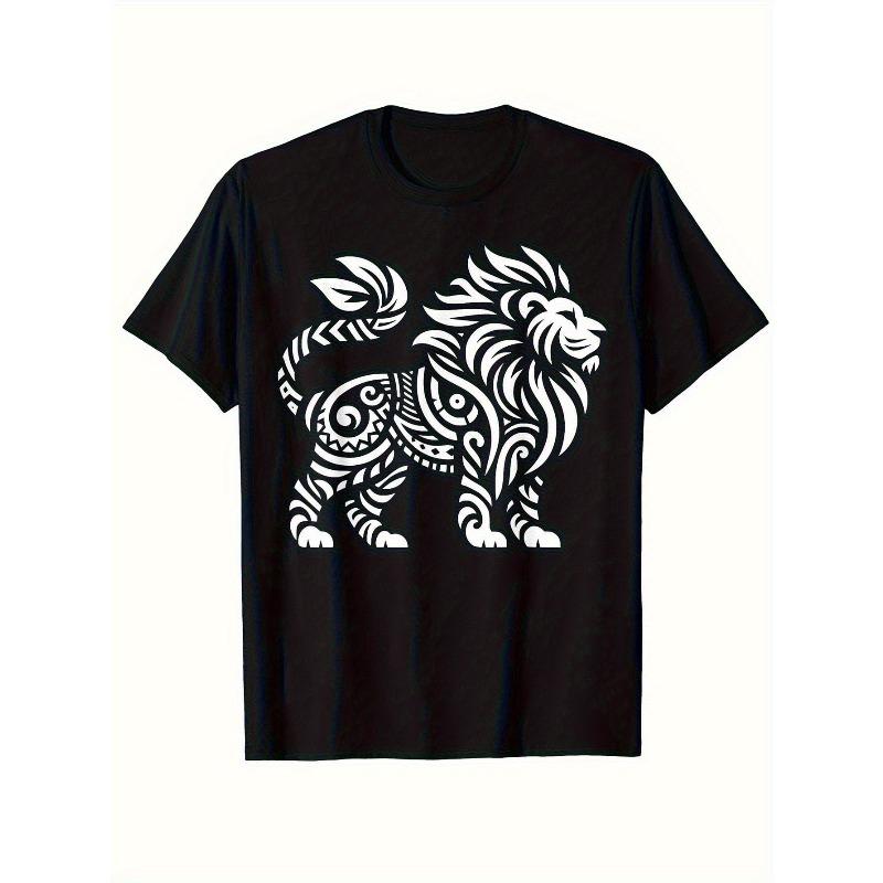 

European sizes Men s Tribal Lion Graphic T-Shirt - Short Sleeve with Striking White Tribal Lion Print, Loose Fit Casual Shirt, Machine Washable 4XL чорний