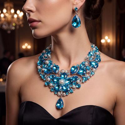 Kristall Halskette Ohrringe Schmuckset, Perlen Strass Accessoires, geeignet für formelle Kleiderkombinationen bei Hochzeiten und Abendessen