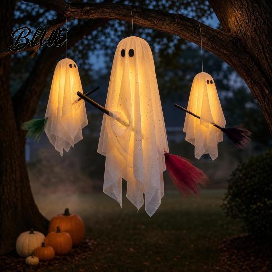 Cute Ghost Hanging for Trees 3 Pcs Halloween Ghosts on Brooms Spooky Flying Gauze Indoor Outdoor Party Props with Broomstick Tree Porch Yard,
