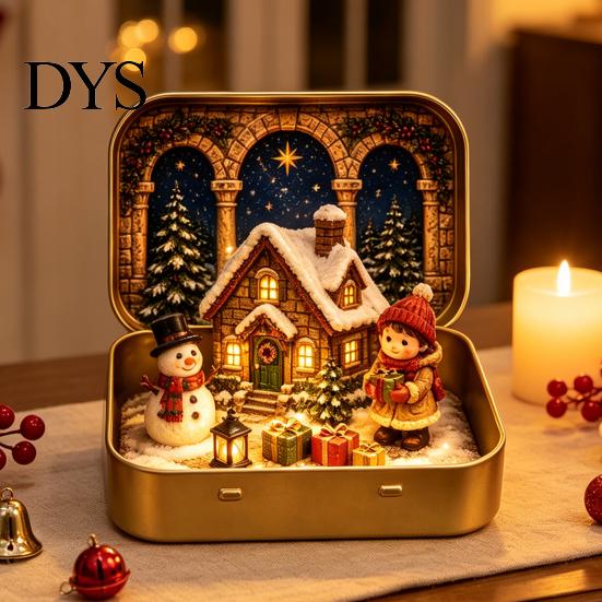 Miniature Holiday Scene Tiny Christmas Wonderland in a Tin, Mini Diorama Decor, Winter Home Accents with Santa, Tree, Gifts & Snowman, Table
