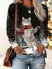Christmas-themed women's snowflake and kitten print round neck long-sleeved T-shirt, festive black and white casual loose top