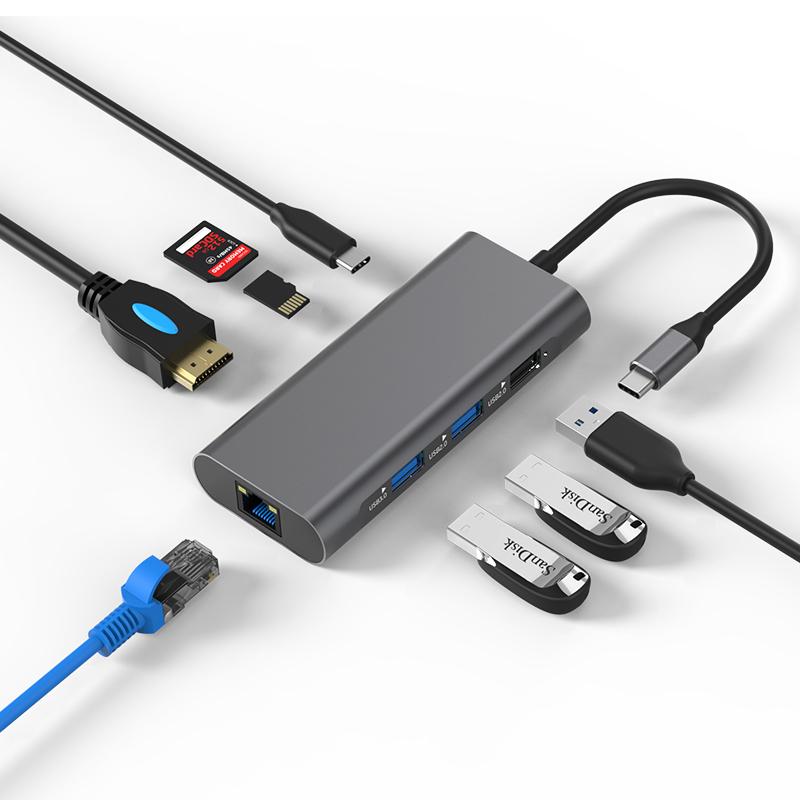 Type C Hub 8 In 1 USB Hub with 4K 30Hz HDTV Laptop Converter USB C Adapter USB 3.0 2.0 Ethernet Card Reader PD Charging Hub Dock серый