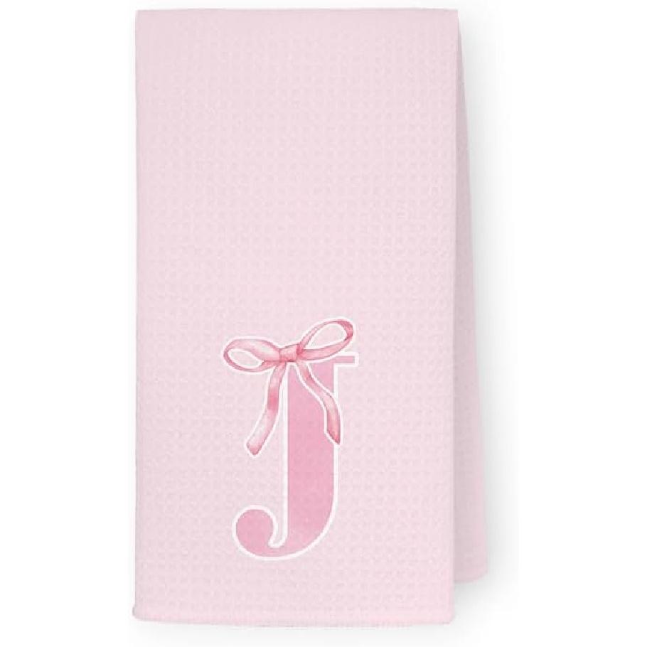 Coquette Pink Bows Personalized Kitchen Towels, Initial K Letter Decor, Pink Monogrammed Hand Towels for Bathroom, Sweet Dish Towels for Kitchen