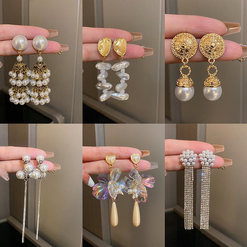 French Retro Luxury Silver Pearl Tassel Stud Earrings - Elegant and Versatile for Women