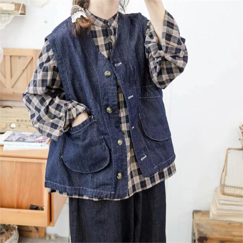 

Johnature Осенние повседневные свободные универсальные простые темно-синие джинсовые жилеты женские японские кардиганы жилеты One Size синий