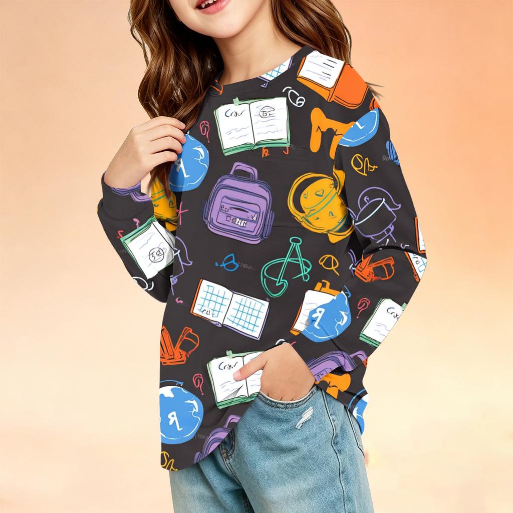 Kids Printed Long Sleeve T-Shirt with Pocket for Back To School