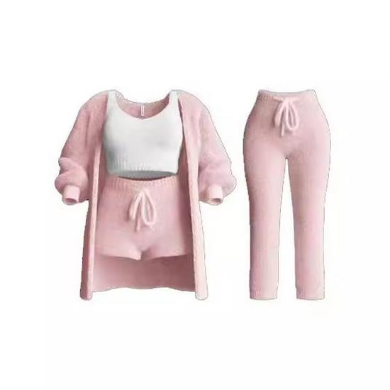 2026 Autumn/Winter Knit Plush Long-Sleeve Jacket, Vest, Shorts, and Three-Piece Set