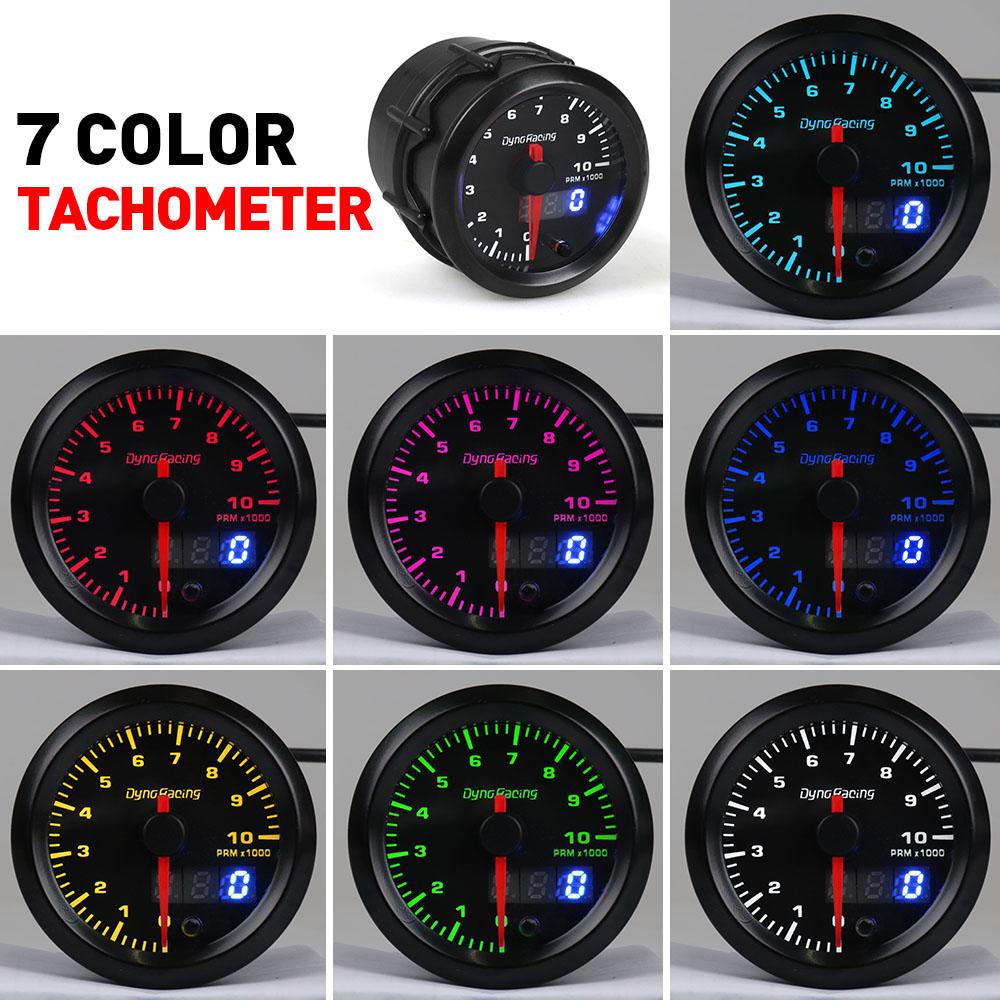 Dynoracing 52mm Dual Display Tachometer 0-10000 Rpm Gauge 7 Colors Led Car Meter With Stepper Motor