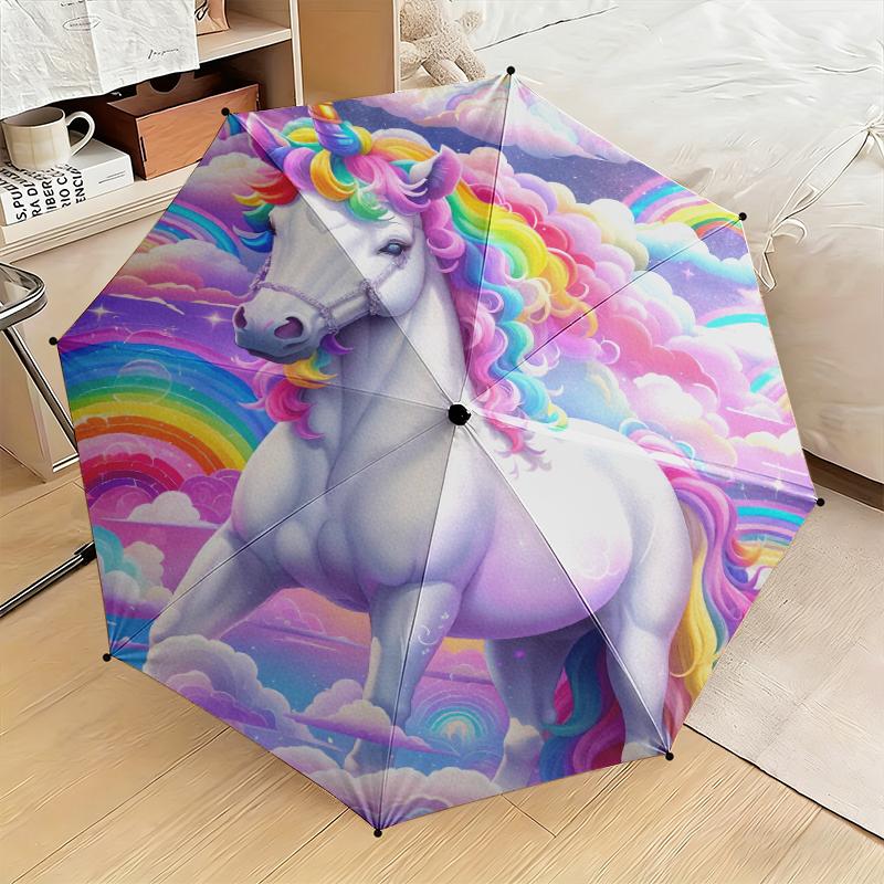 1pc Purple Unicorn Umbrella Portable Folding Umbrella Iron Frame Hole Bone Structure Outdoor Home Umbrella