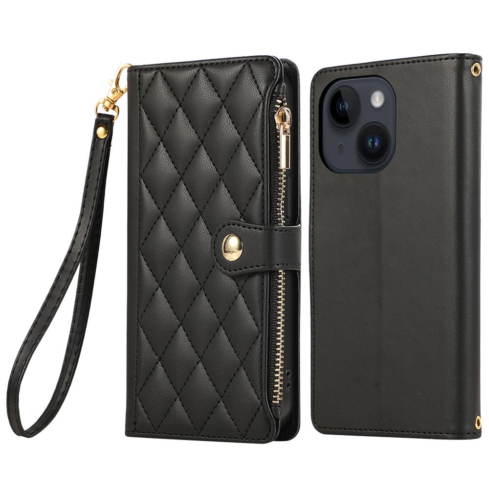 For iPhone 15 Case Multi Card Slots Zipper Rhombus Leather Phone Cover with Wrist Strap