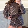 2026 Womens Polka Dot Drawstring Skirt Set Casual Long Sleeve Hoodie Mini Outfit