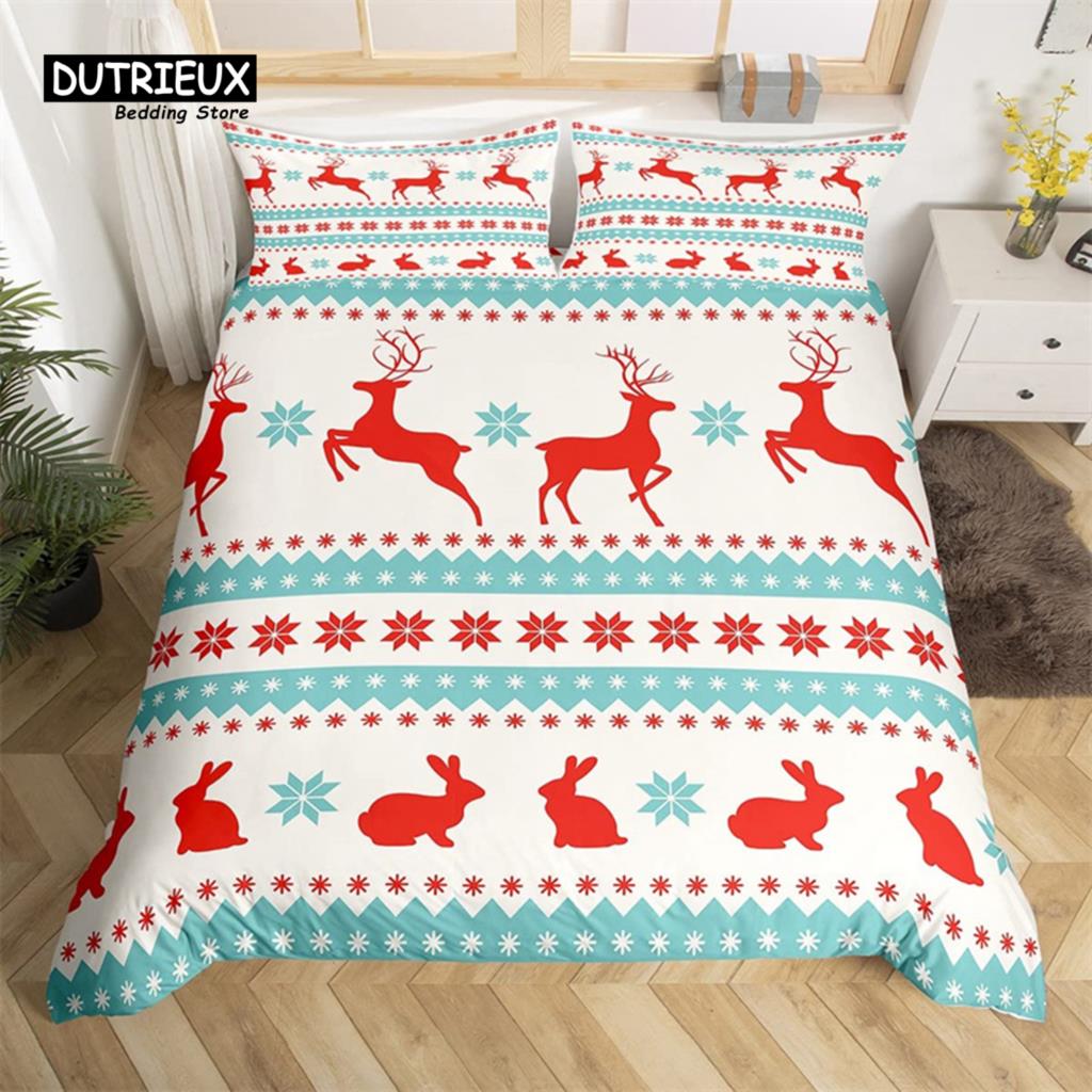 Christmas Duvet Cover Cartoon Snowman Deer Reindeer Bedding Set Twin Size Microfiber Cute Gingerbread Stocking Comforter Cover