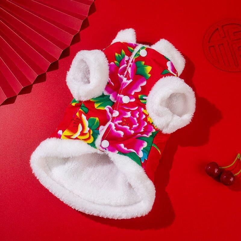 Dog Clothes Autumn Winter Plus Velvet Thick Warm Flower Jacket Teddy Small Dog Cat Pet Christmas Party Costumes Chinese Pet Vest