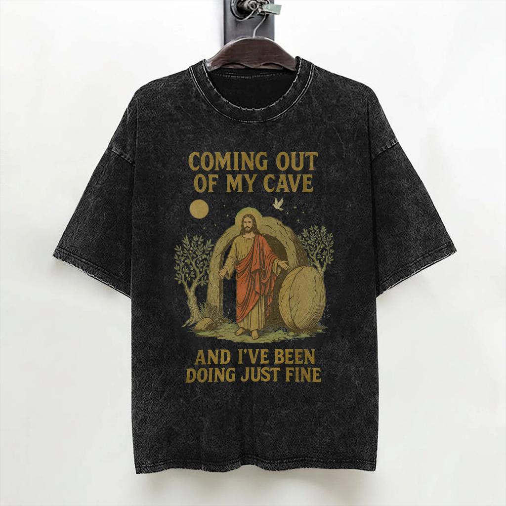 Jesus Coming Out Of My Cave Washed T Shirt Streetwear Hip Hop Casual Tshirt Tee Shirt Men Women 100 Cotton Oversize Summer